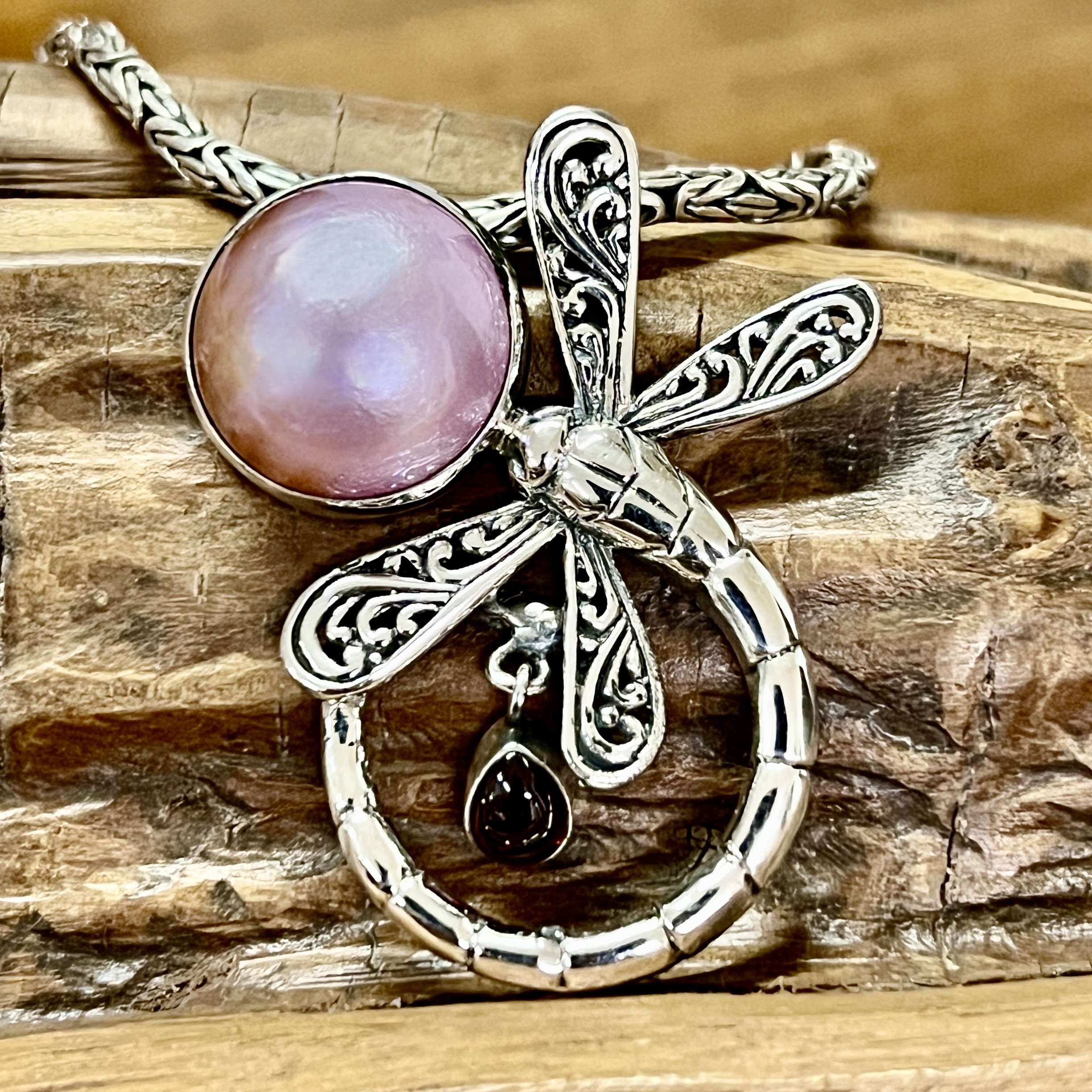 (HANDMADE 925 BALI SILVER DRAGONFLY PENDANT WITH PINK MABE PEARL)
